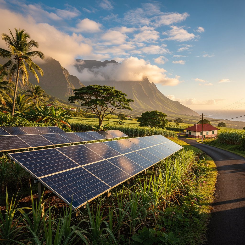 Panneaux solaires dans un paysage réunionnais